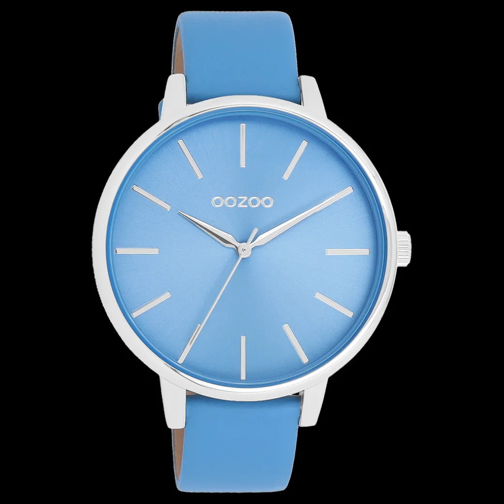 Zilverkleurige OOZOO horloge met mineraal blauwe leren band - C11296