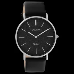 Zilverkleurige OOZOO horloge met zwarte leren band - C20168