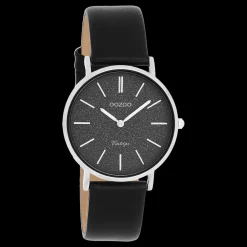 Zilverkleurige OOZOO horloge met zwarte leren band - C20208