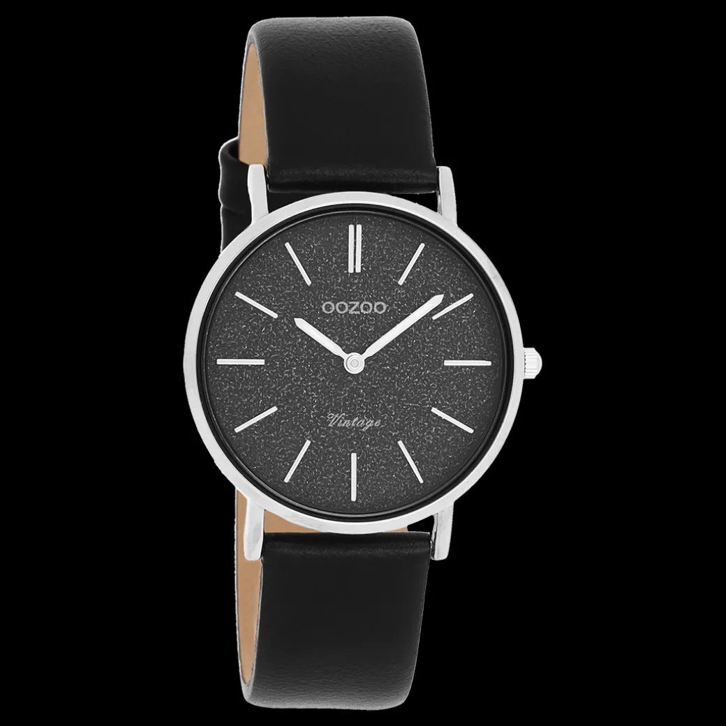 Zilverkleurige OOZOO horloge met zwarte leren band - C20208