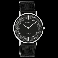 Zilverkleurige OOZOO horloge met zwarte metalen mesh armband - C20140