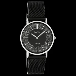 Zilverkleurige OOZOO horloge met zwarte metalen mesh armband - C20141
