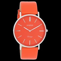Zilverkleurige OOZOO horloge met rood/oranje leren band - C20320