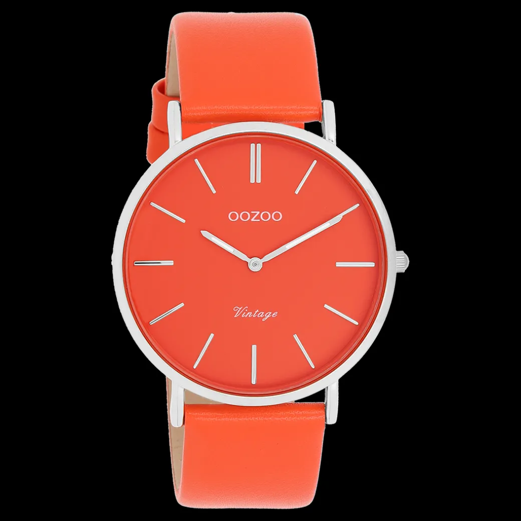 Zilverkleurige OOZOO horloge met rood/oranje leren band - C20320