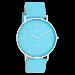 Zilverkleurige OOZOO horloge met felblauwe leren band - C20322