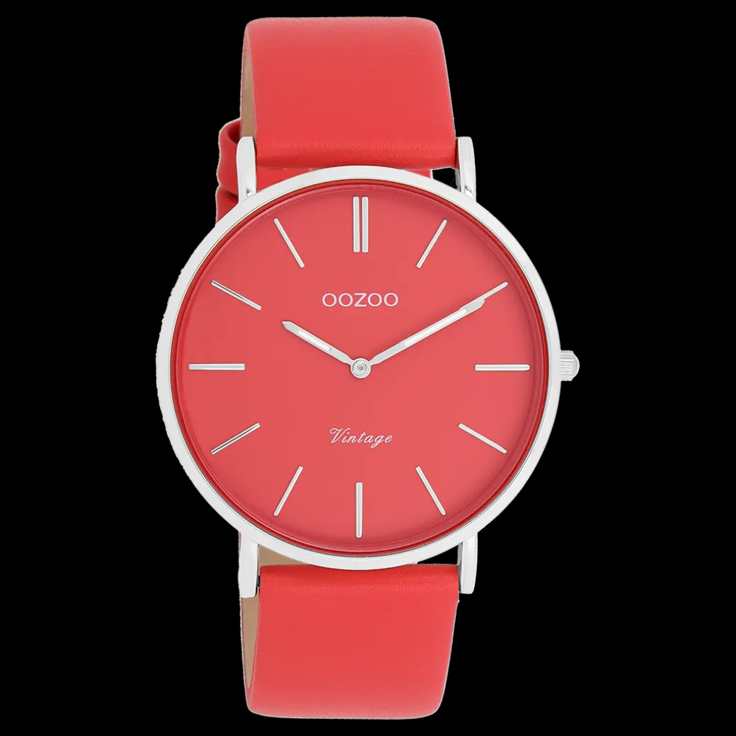 Zilverkleurige OOZOO horloge met chili peper rode leren band - C20324