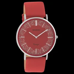 Zilverkleurige OOZOO horloge met rode leren band - C20129