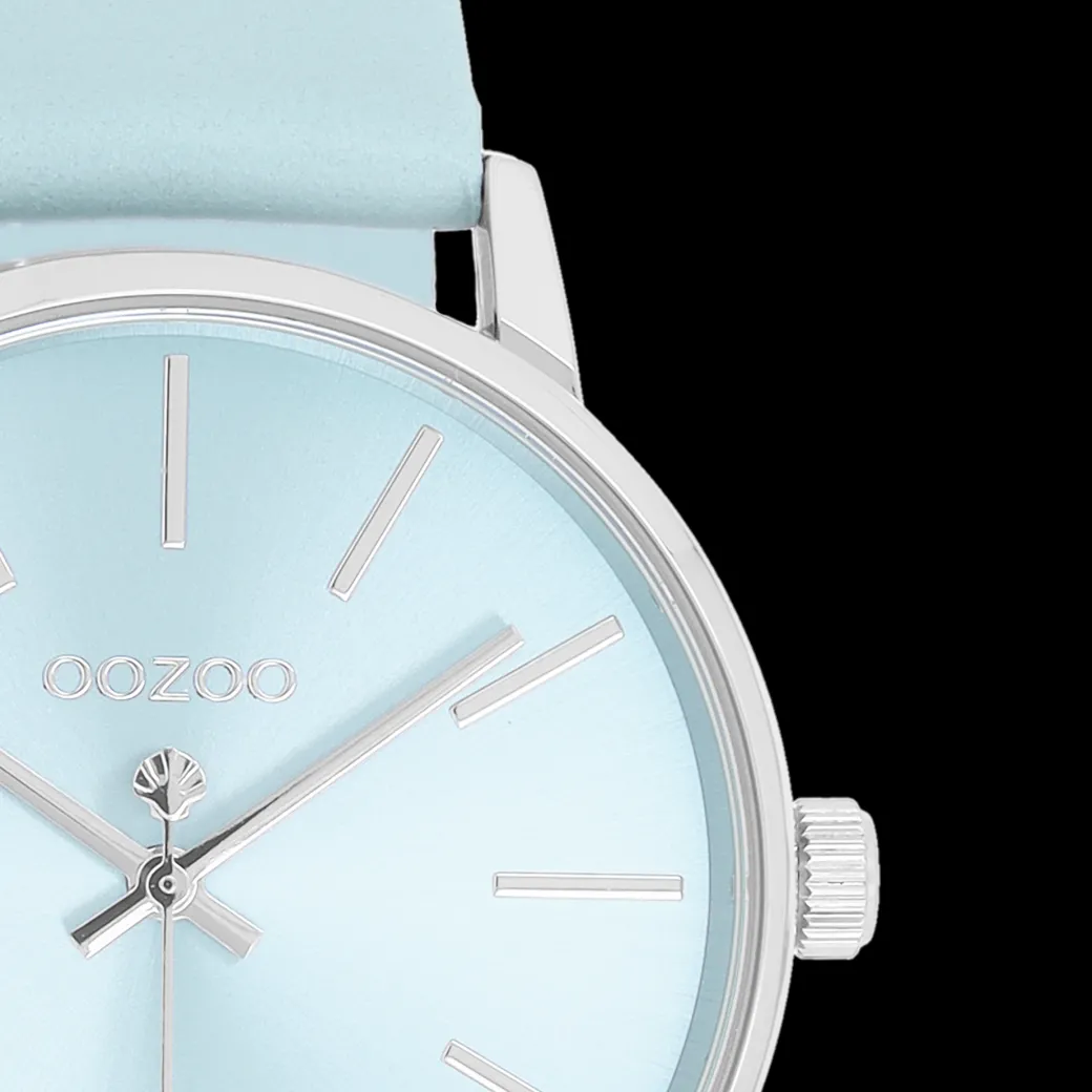 Zilverkleurige OOZOO horloge met licht blauwe leren band - C11369