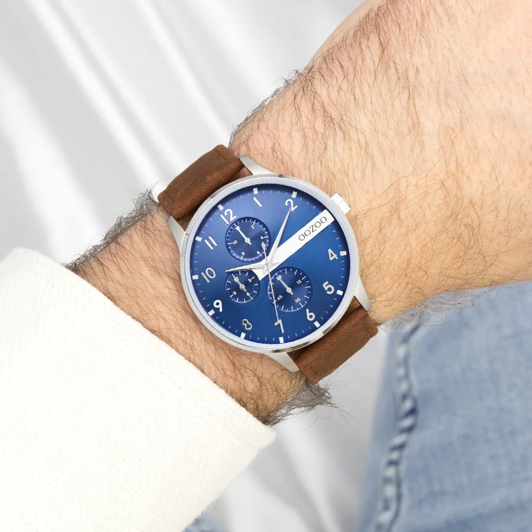 Zilverkleurige OOZOO horloge met cognac leren band - C11306