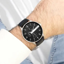 Zilverkleurige OOZOO horloge met zwarte leren band - C11309