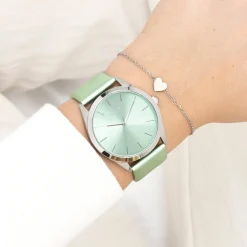 Zilverkleurige OOZOO horloge met mint groene leren band - C11336
