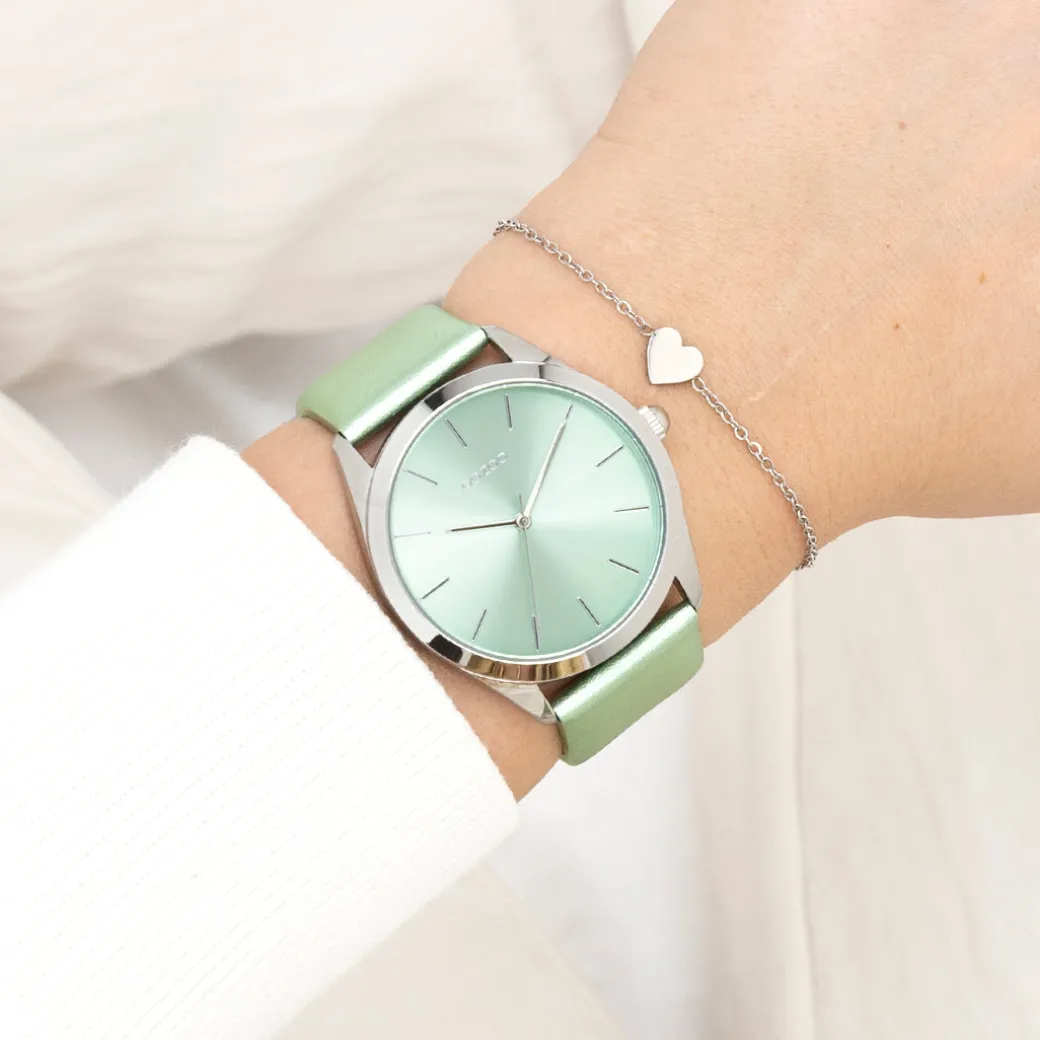 Zilverkleurige OOZOO horloge met mint groene leren band - C11336