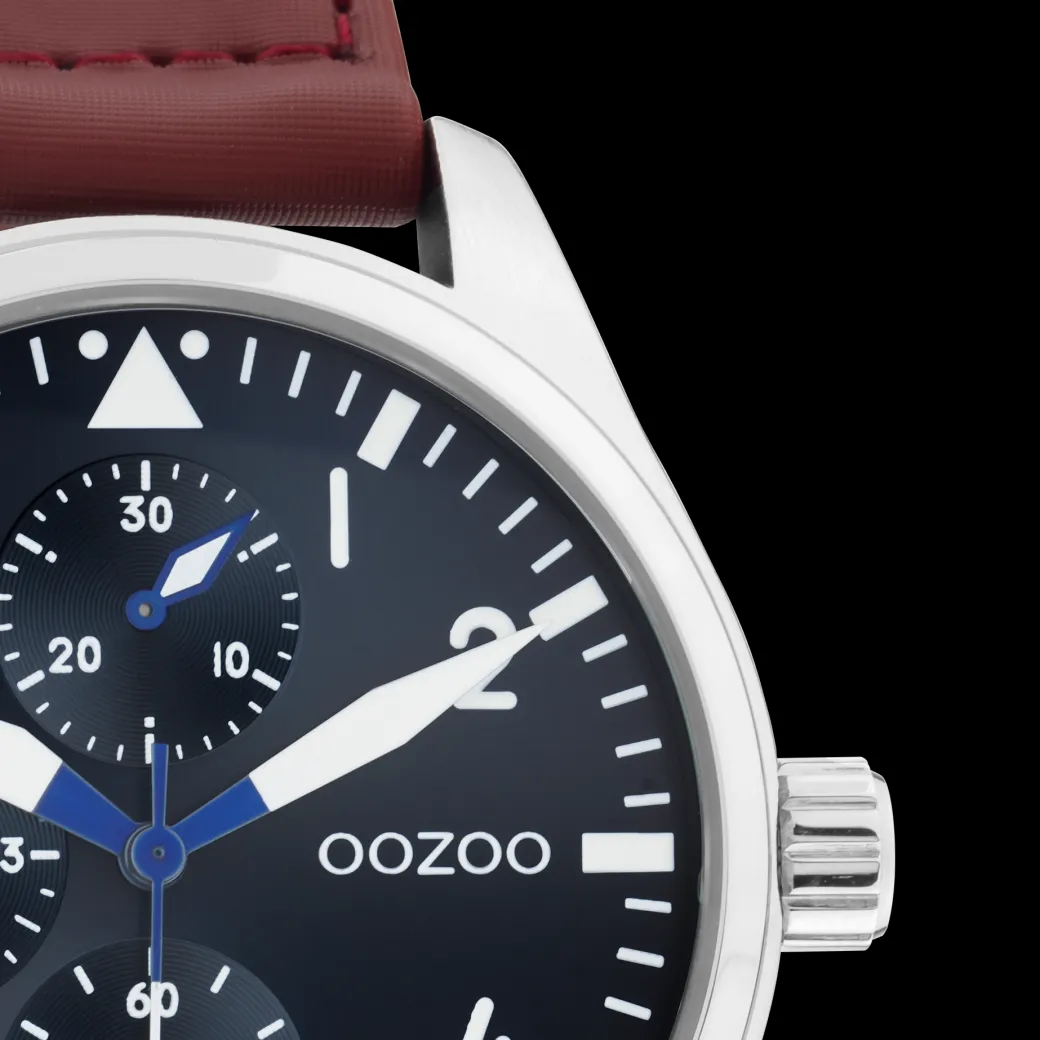Zilverkleurige OOZOO horloge met bruine klittenband polsband - C11006