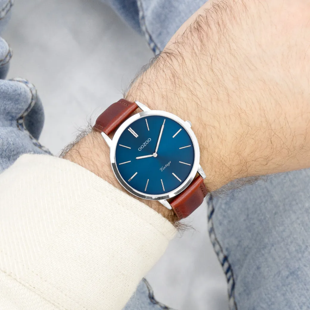 Zilverkleurige OOZOO horloge met bruine leren band - C20387