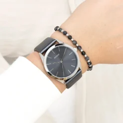 Zilverkleurige OOZOO horloge met donker grijze leren band - C11338