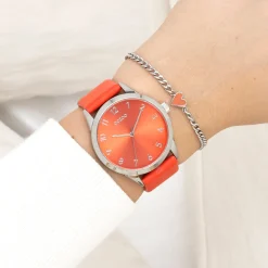 Zilverkleurige OOZOO horloge met rode leren band - C11326