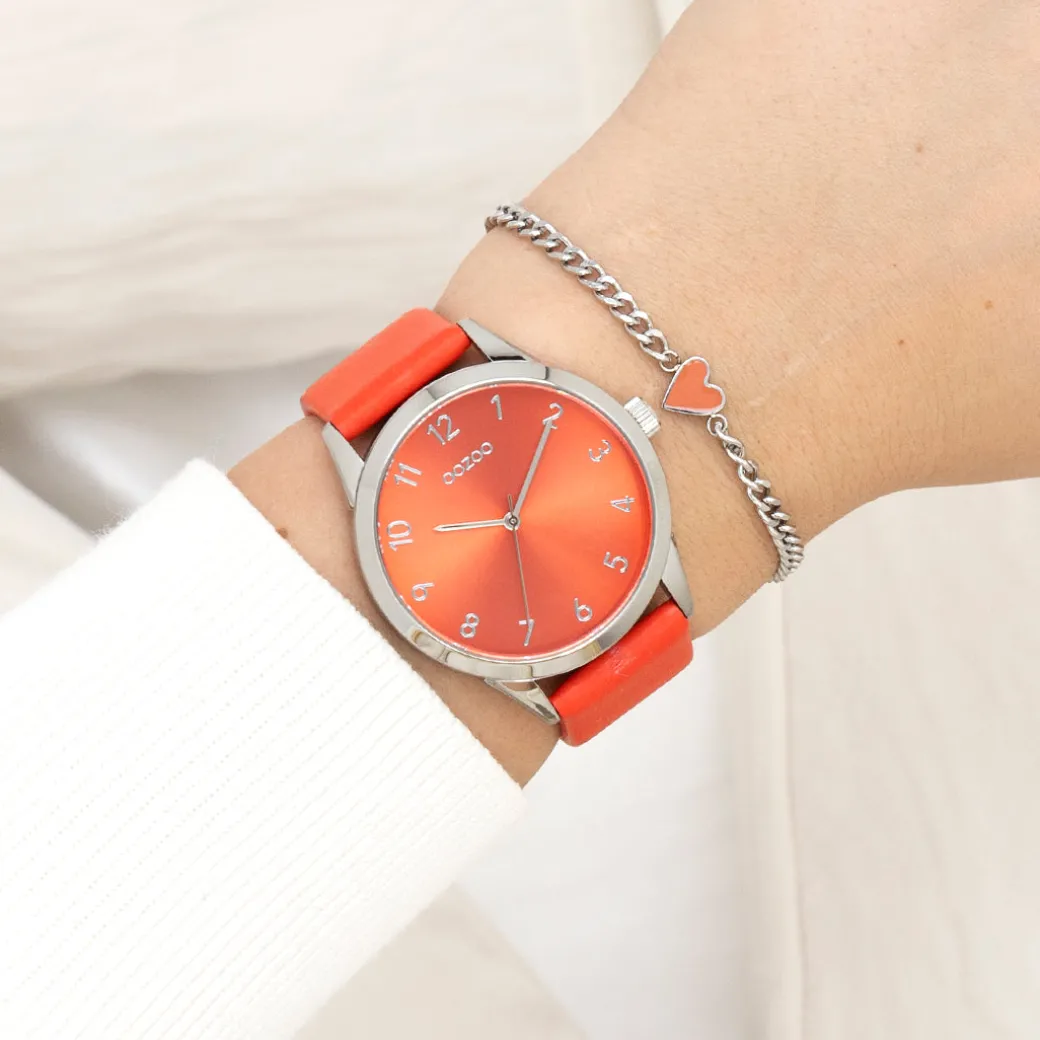 Zilverkleurige OOZOO horloge met rode leren band - C11326