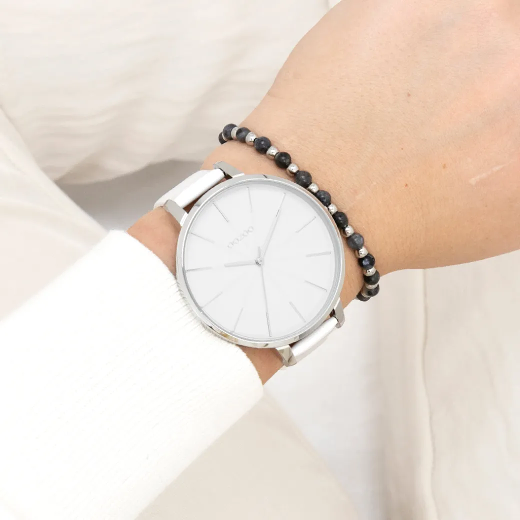 Zilverkleurige OOZOO horloge met witte leren band - C11345