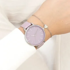 Zilverkleurige OOZOO horloge met lila leren band - C11361