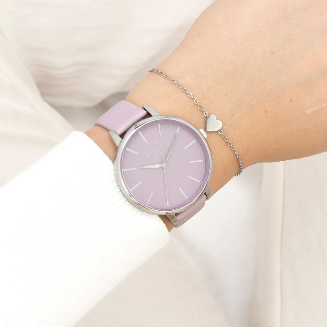 Zilverkleurige OOZOO horloge met lila leren band - C11361