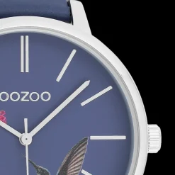 Zilverkleurige OOZOO horloge met marine blauw leren band - C11069