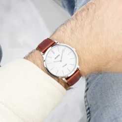 Zilverkleurige OOZOO horloge met bruine leren band - C20385
