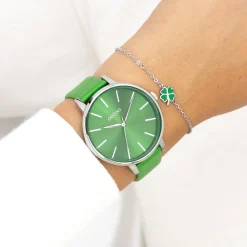 Zilverkleurige OOZOO horloge met groene leren band - C11297