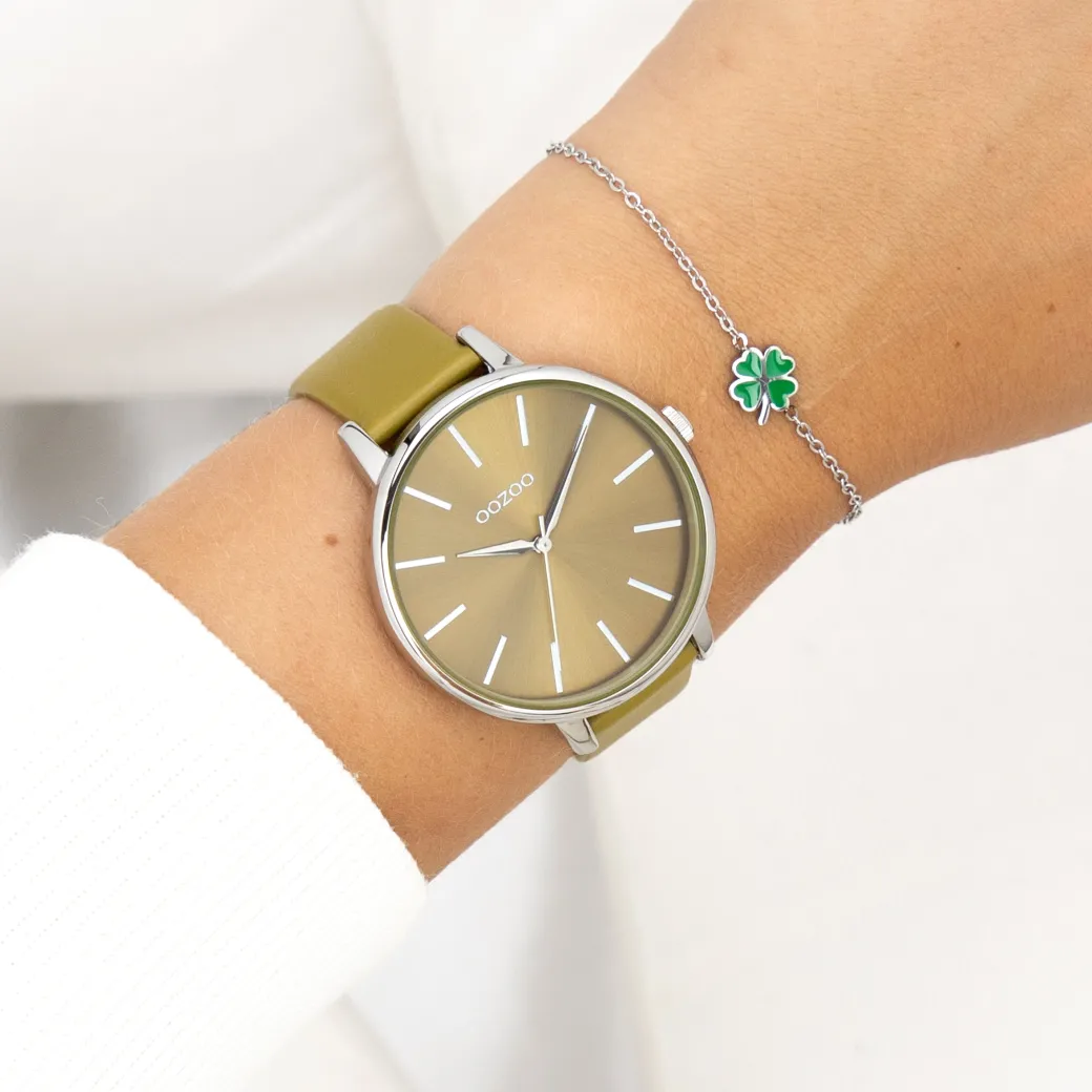 Zilverkleurige OOZOO horloge met olijf groene leren band - C11298