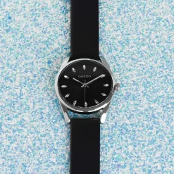 Zilverkleurige OOZOO horloge met zwarte leren band - C10818