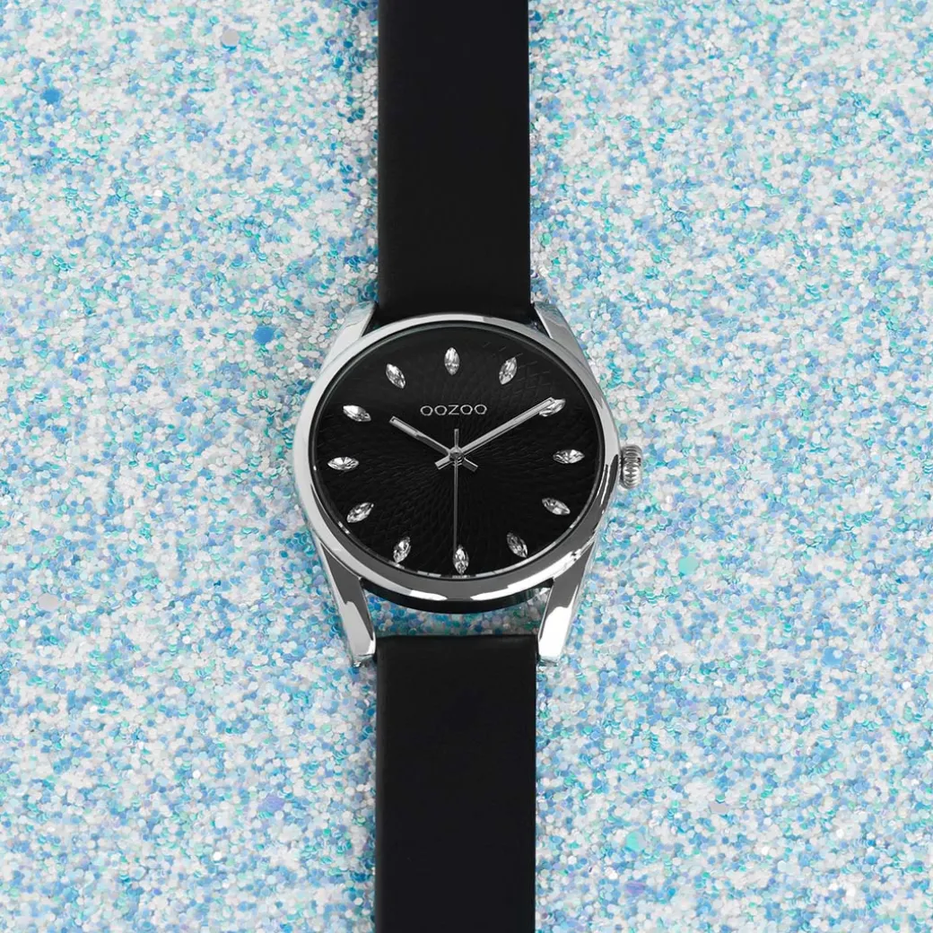 Zilverkleurige OOZOO horloge met zwarte leren band - C10818