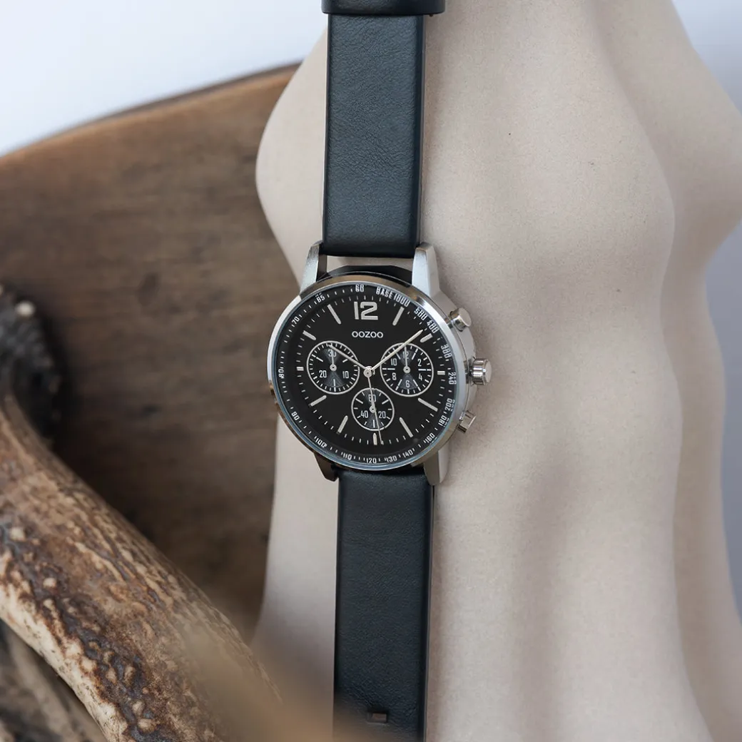 Zilverkleurige OOZOO horloge met zwarte leren band - C10813