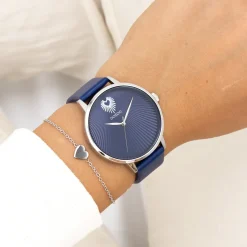 Zilverkleurige OOZOO horloge met blauwe leren band - C11243