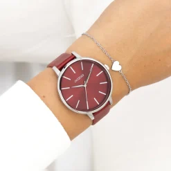 Zilverkleurige OOZOO horloge met dahlia rood leren band - C11299