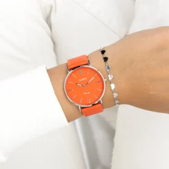 Zilverkleurige OOZOO horloge met rood/oranje leren band - C20320