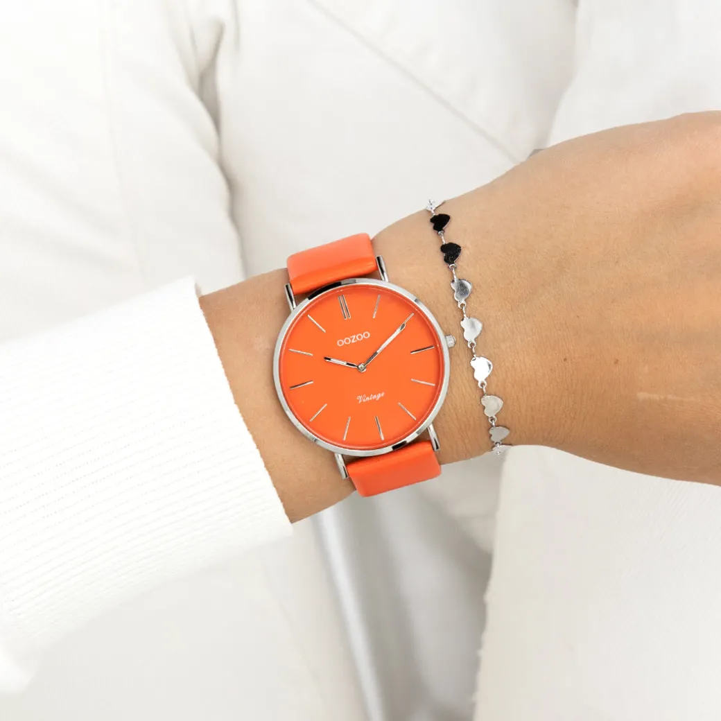 Zilverkleurige OOZOO horloge met rood/oranje leren band - C20320