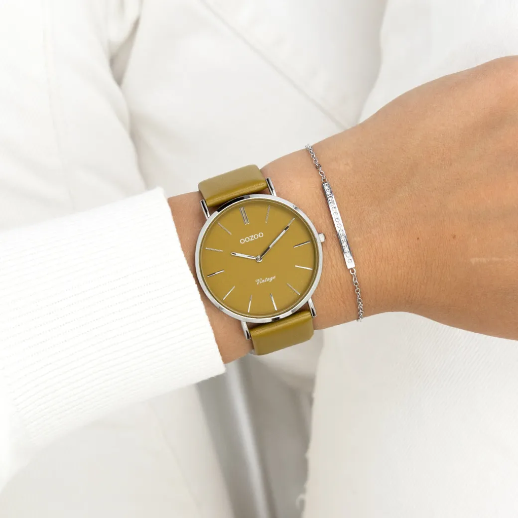 Zilverkleurige OOZOO horloge met olijf groene leren band - C20326