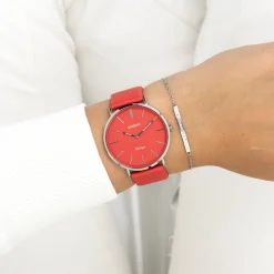 Zilverkleurige OOZOO horloge met chili peper rode leren band - C20324