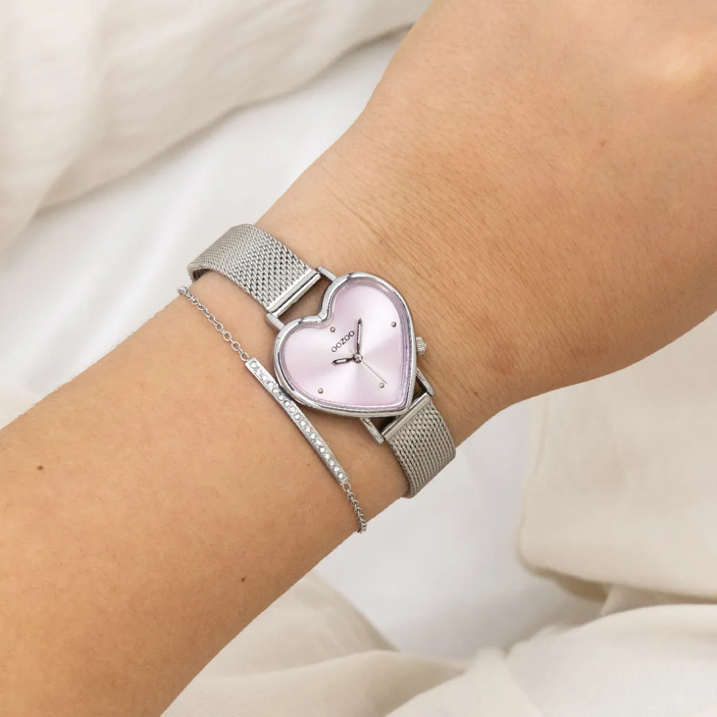 Zilverkleurige OOZOO horloge met metalen mesh armband - C11414