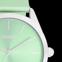 Zilverkleurige OOZOO horloge met mint groene leren band - C11336
