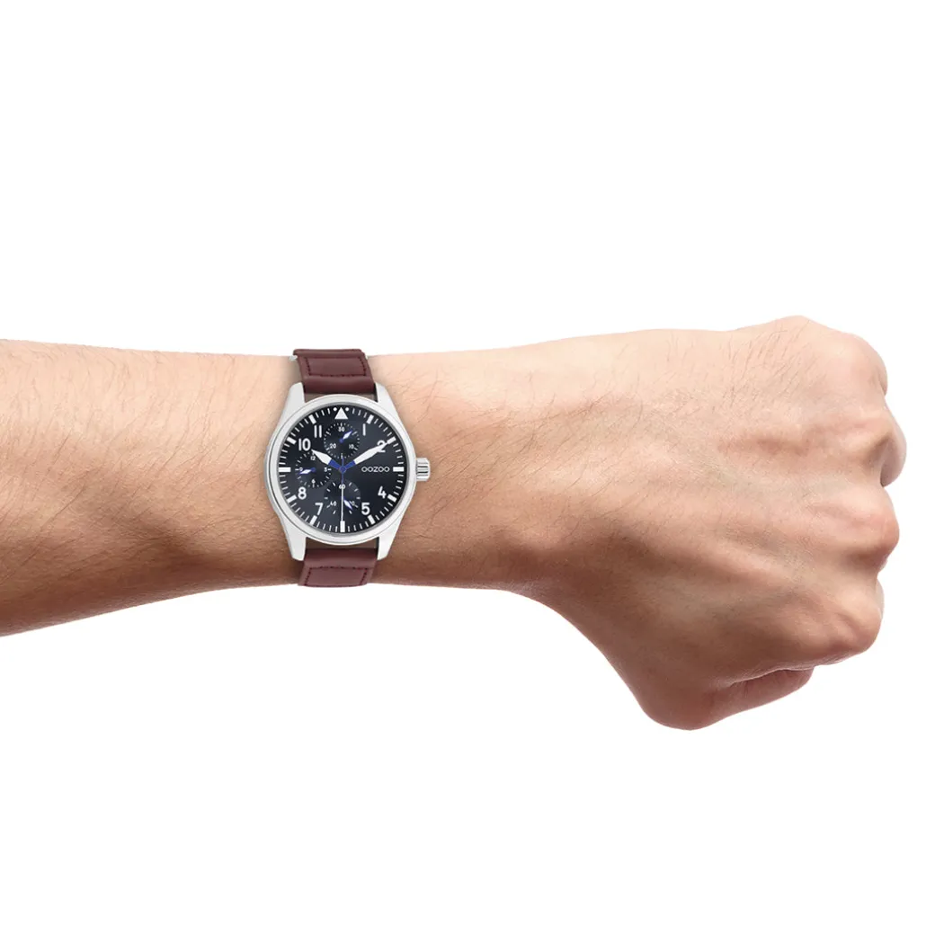 Zilverkleurige OOZOO horloge met bruine klittenband polsband - C11006
