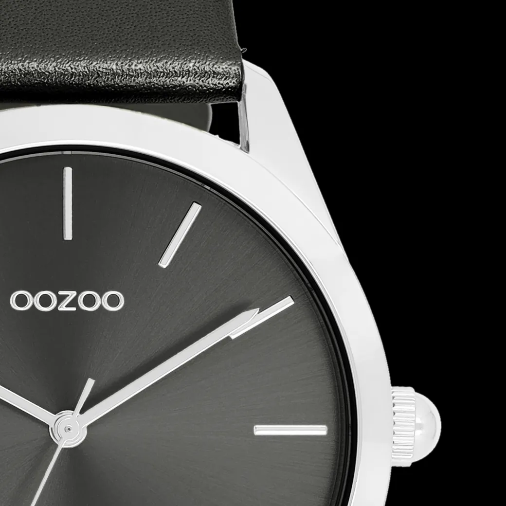 Zilverkleurige OOZOO horloge met donker grijze leren band - C11338