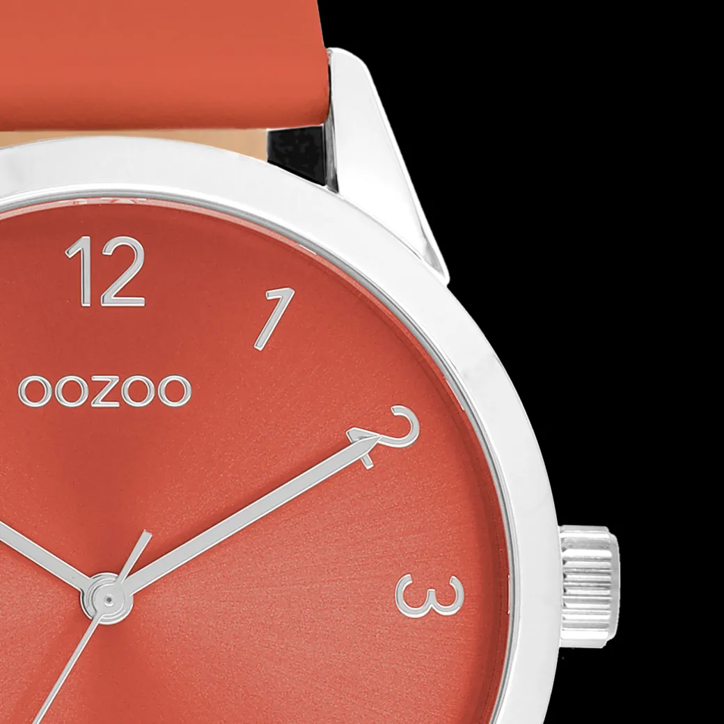 Zilverkleurige OOZOO horloge met rode leren band - C11326