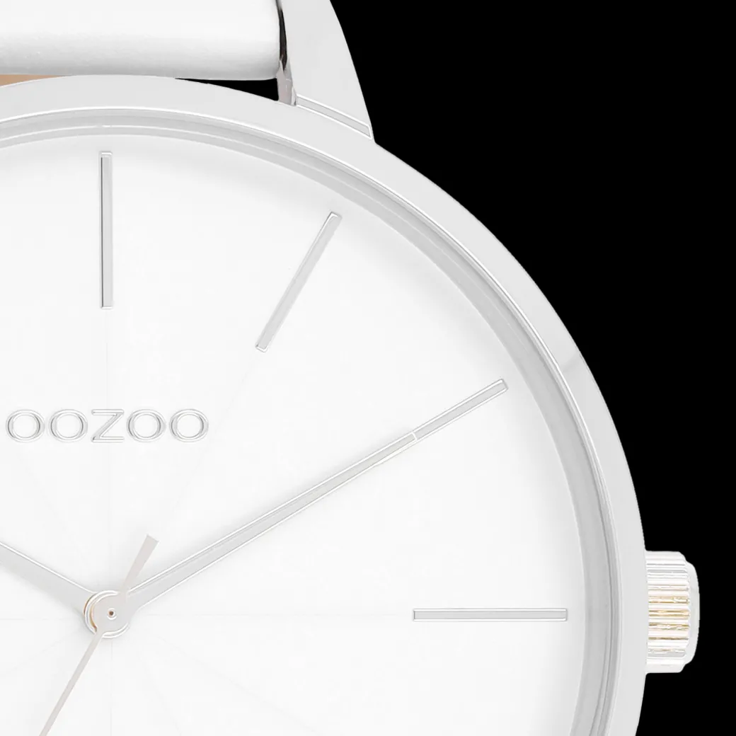 Zilverkleurige OOZOO horloge met witte leren band - C11345