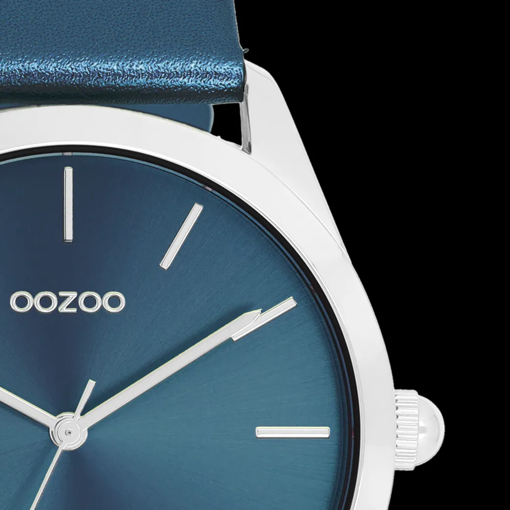 Zilverkleurige OOZOO horloge met blauwe leren band - C11337