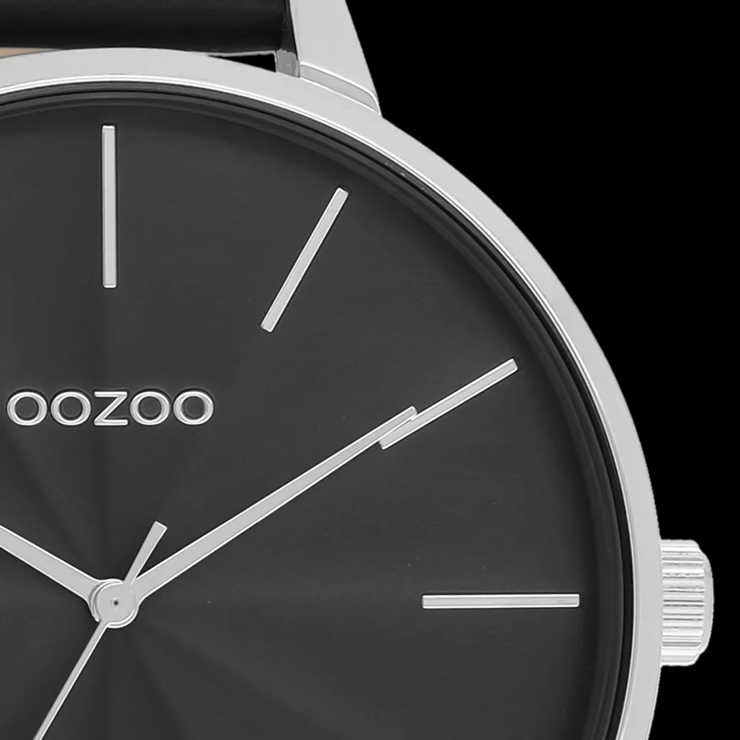 Zilverkleurige OOZOO horloge met zwarte leren band - C11258