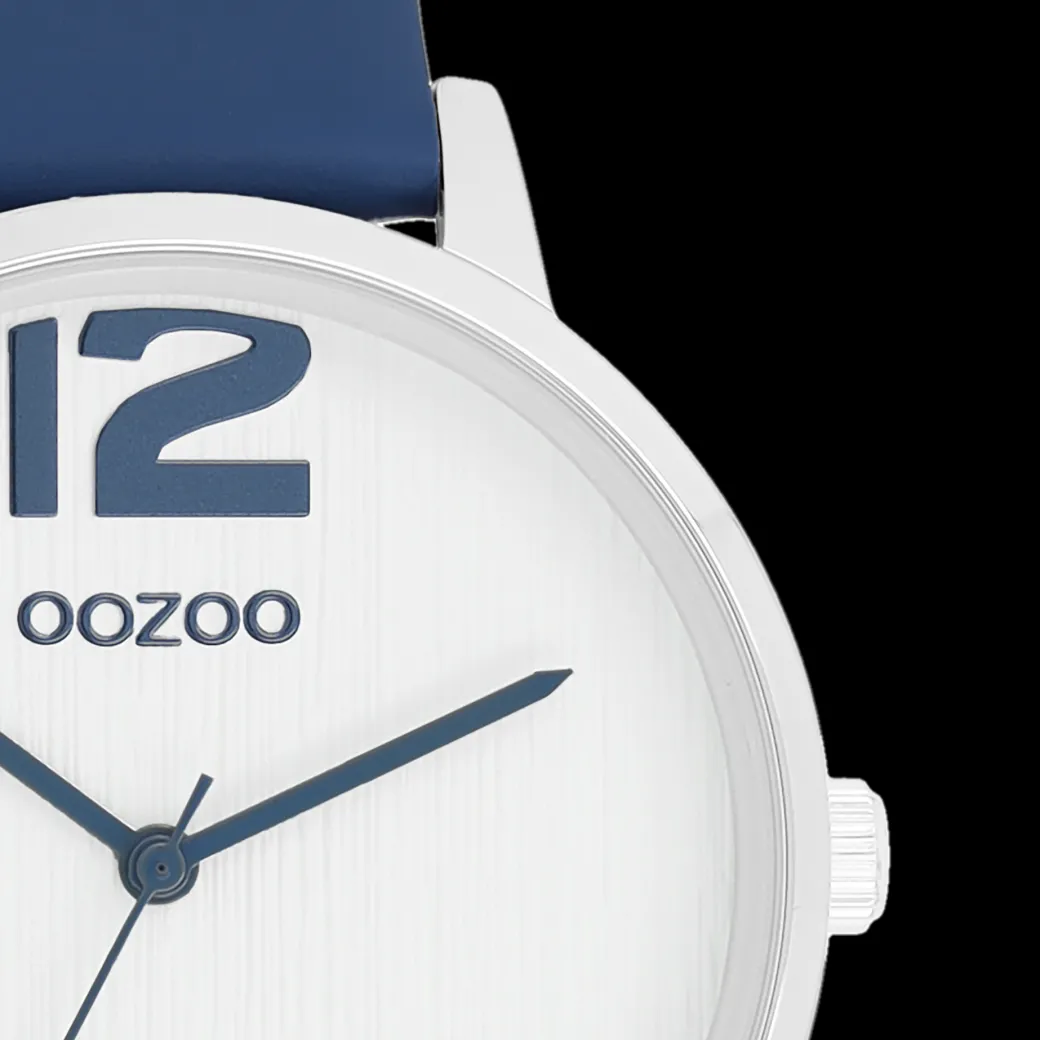 Zilverkleurige OOZOO horloge met donker blauwe leren band - C11238