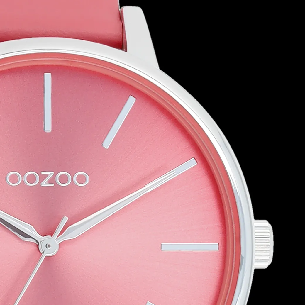 Zilverkleurige OOZOO horloge met roze schelpkleurige leren band - C11295
