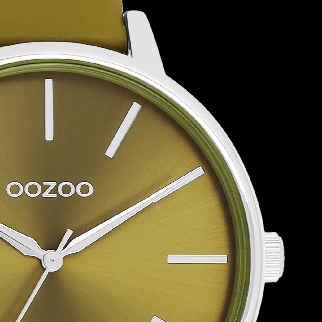 Zilverkleurige OOZOO horloge met olijf groene leren band - C11298