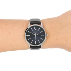 Zilverkleurige OOZOO horloge met donker blauwe leren band - C11043