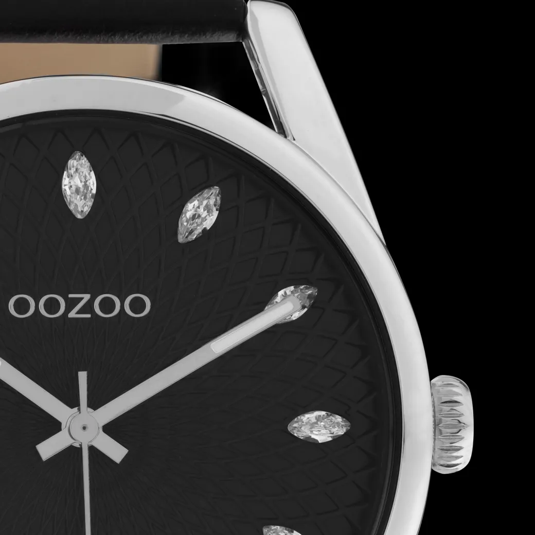 Zilverkleurige OOZOO horloge met zwarte leren band - C10818